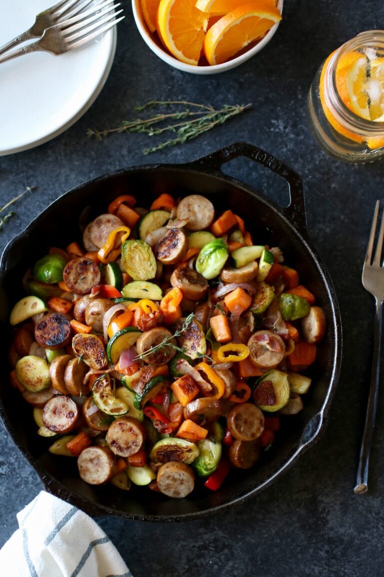 Chicken Apple Sausage Hash in a cast iron skillet. 